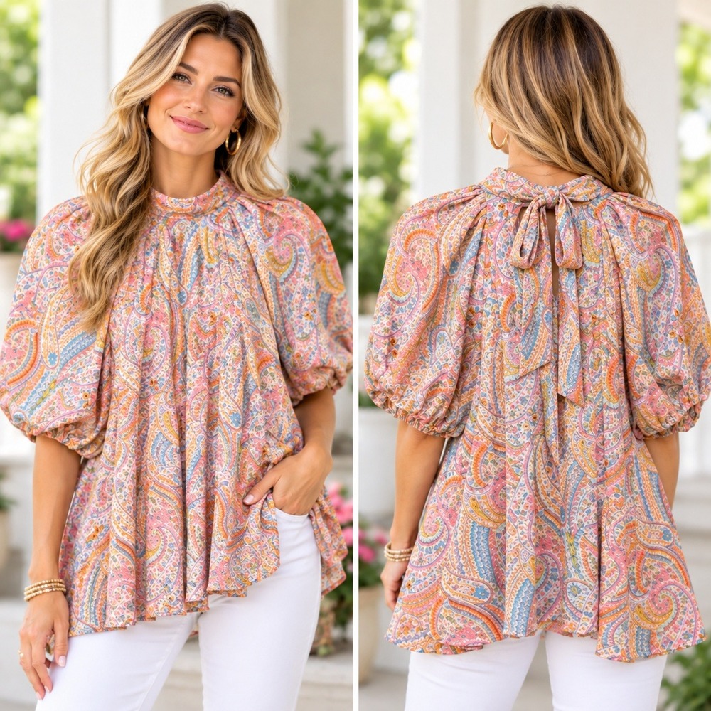 Entro Top Womens Medium Pink Paisley Mock Neck Puff Sleeve Tie Back Boho Blouse